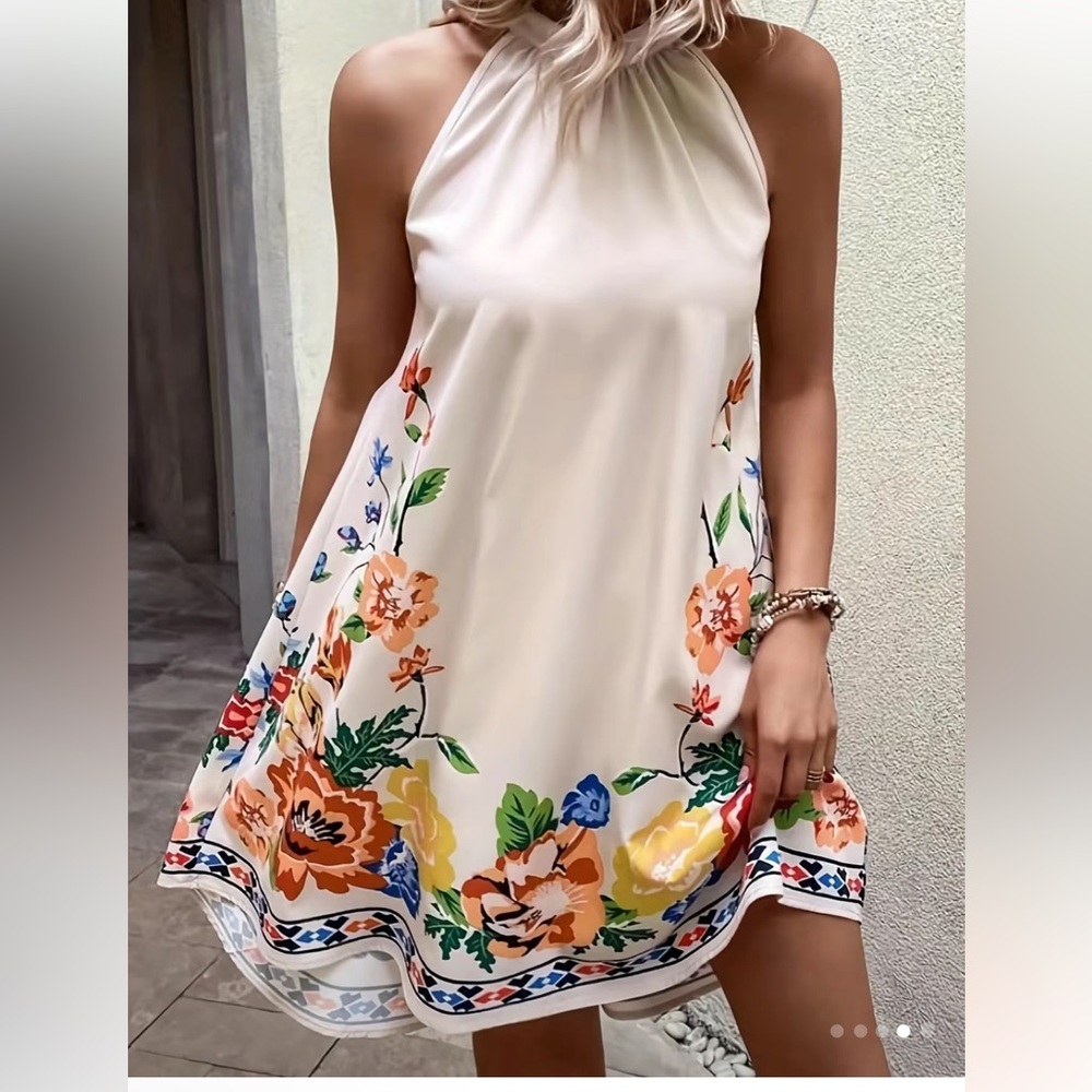 Floral Print Ruched Dress, Elegant Sleeveless Keyhole Summer Dress - Picture 3 of 5